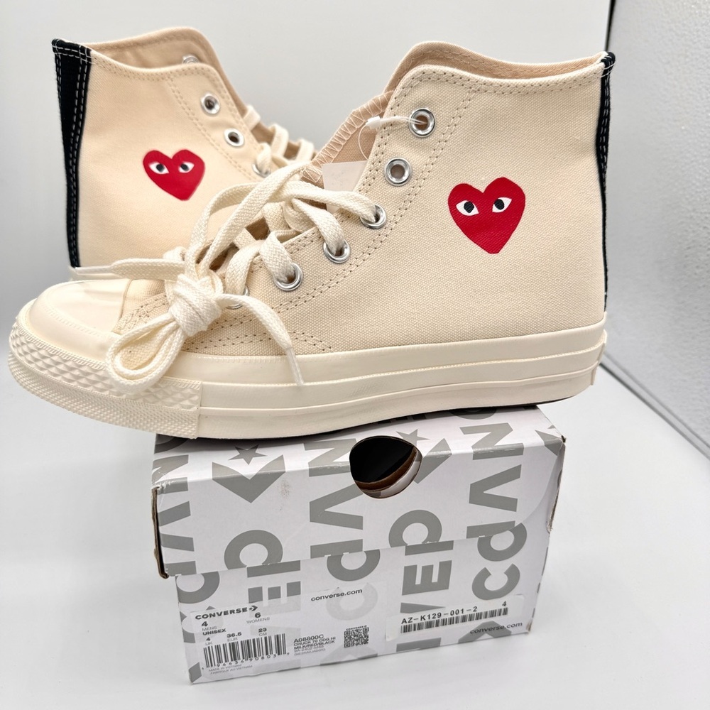 NWT Commes Des Garçons CDG Play Converse High Top Chuck 70 Heart Sneakers Cream - Picture 8 of 16